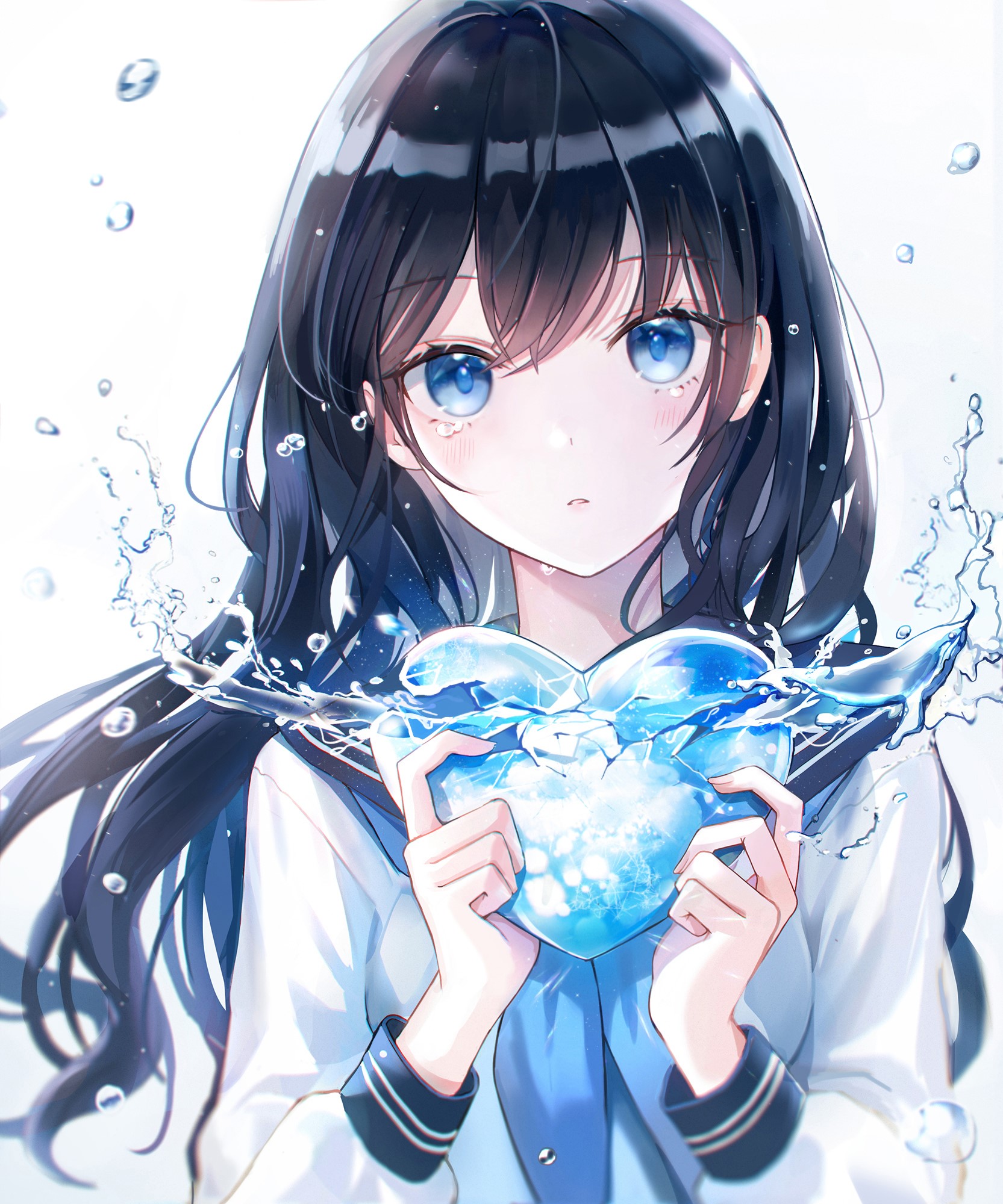school uniform, broken, black hair, anime, tears, blue eyes, Iren Lovel, anime girls