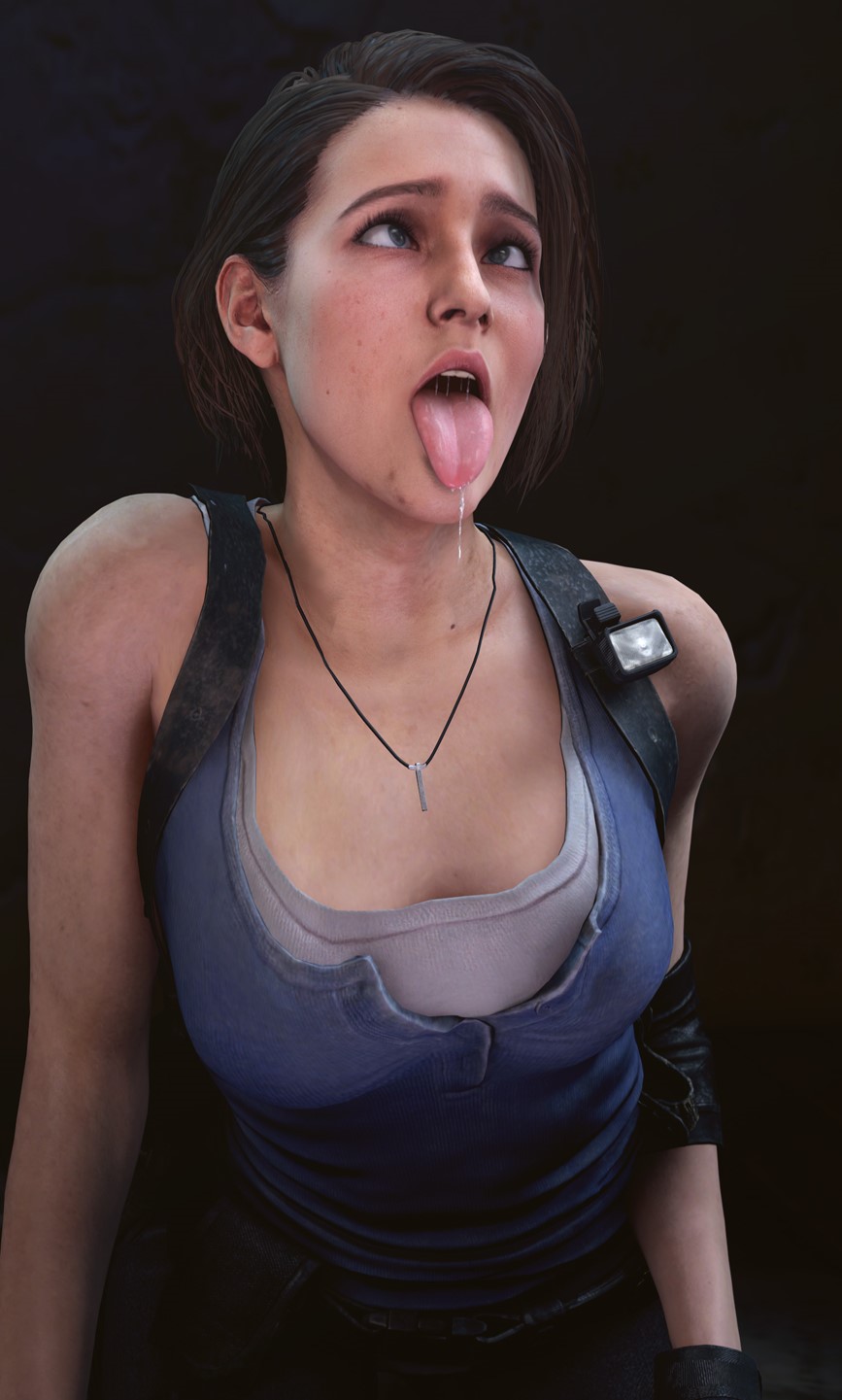 Resident Evil 3 Remake, Jill Valentine, ahegao, cleavage, short hair, blue dress, tongue out, open mouth