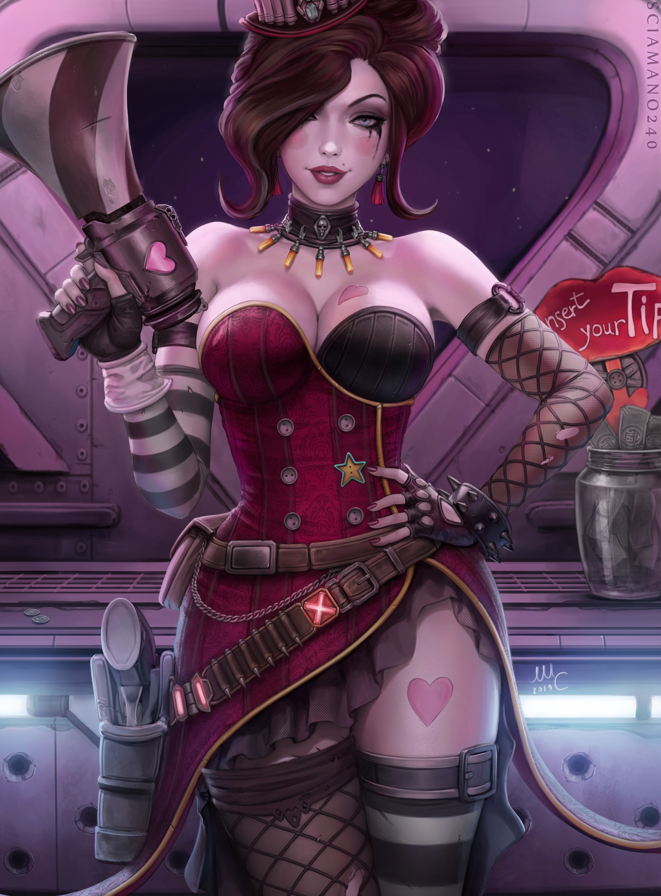 bullet, fan art, gun, Borderlands, weapon, bare shoulders, Moxxi, women with hats, smiling, portrait, painted nails, Sciamano240, video game characters, belt, video games, Mirco Cabbia, collars, fishnet stockings, makeup, digital art, Borderlands 2, Mad moxxi, artwork, dress, video game girls, illustration, red lipstick, thigh-highs, tattoo, stockings, drawing, vertical, cleavage, megaphones, hairbun