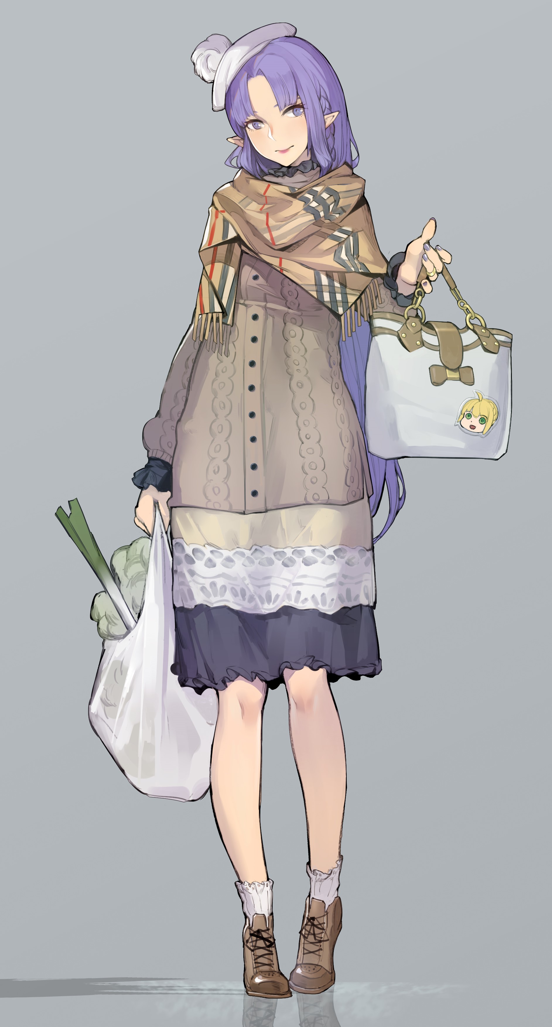 alternate costume, winter, Fate Series, Fate/Stay Night: Unlimited Blade Works, portrait display, anime girls, simple background, bangs, red lipstick, blushing, vertical, crew socks, Fate/Stay Night, stickers, casual, anime, mature women, braided hair, standing, gray background, socks, shoes, nail polish, thighs, pointed ears, white socks, wedding ring, purple nails