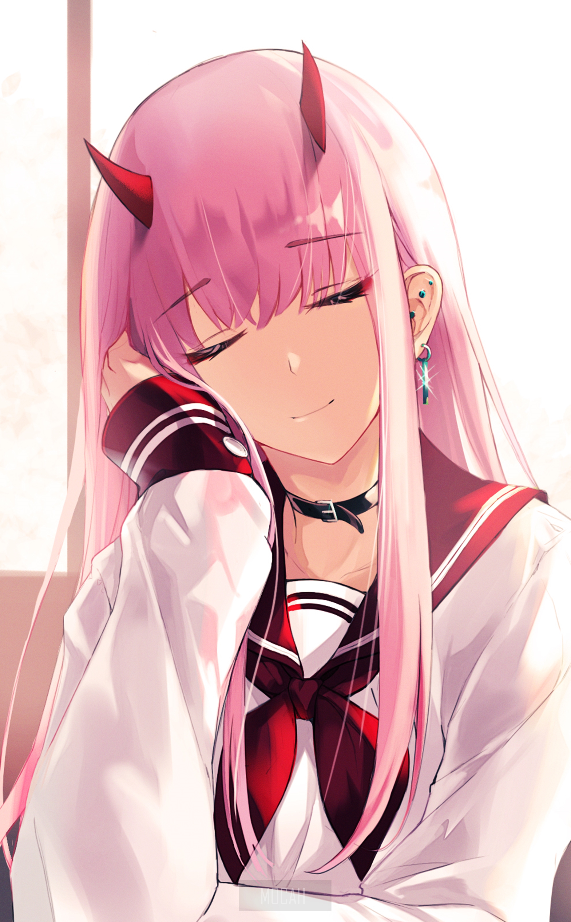anime girl, anime, Darling in the FranXX, Zero Two (Darling in the FranXX), school uniform, choker, 1857x3000