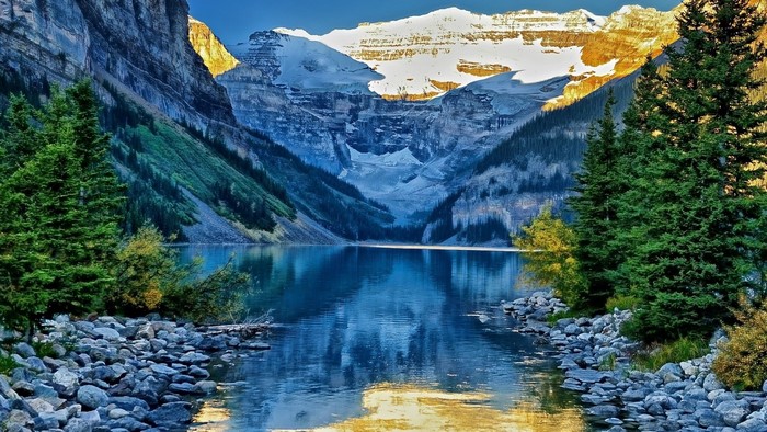 Lake Louise With Snow-Capped Mountains And Pine Trees Hd Wallpaper ...